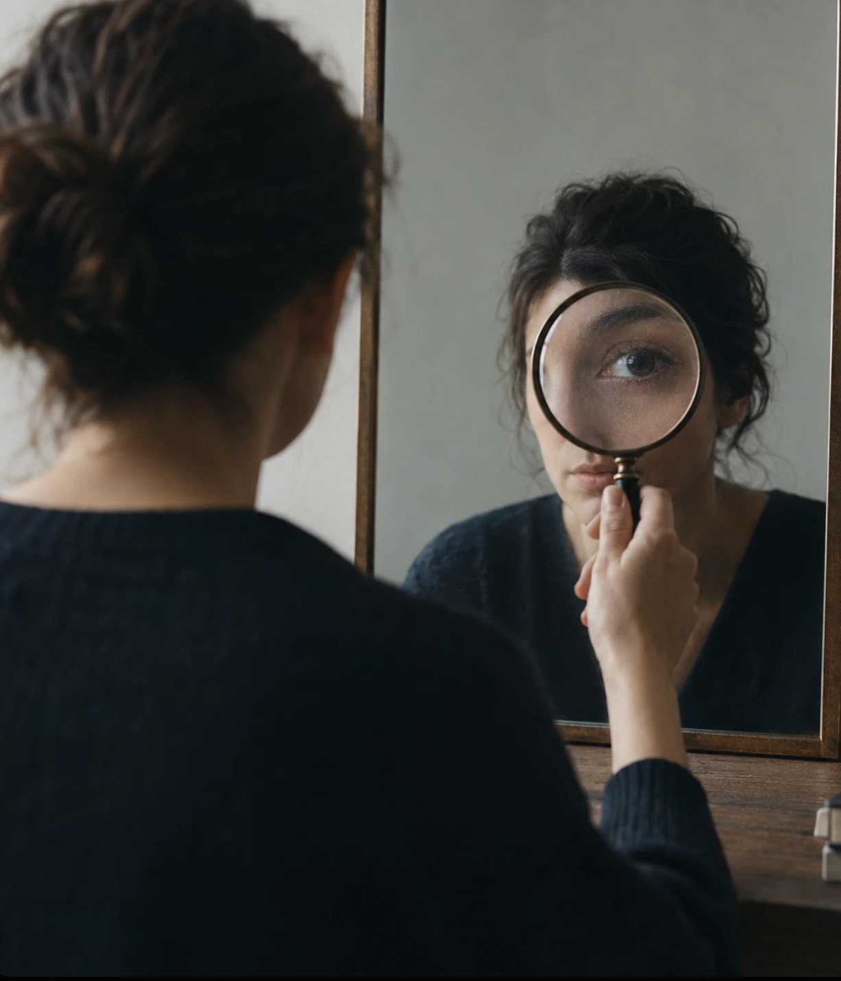 Une femme observe son reflet dans un miroir en tenant une loupe devant son œil, dans une lumière chaude et intime.