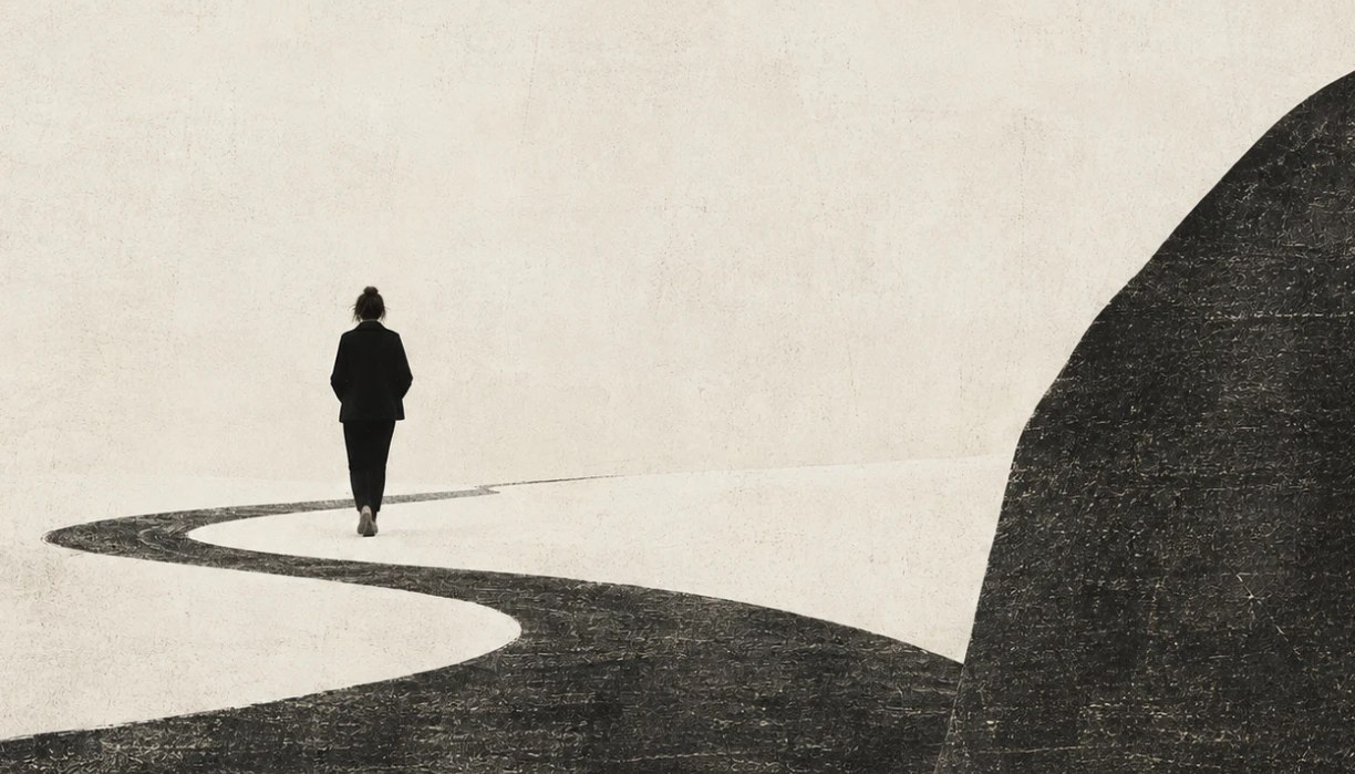 Illustration en noir et crème : une silhouette seule, vue de dos, marche sur un chemin sinueux qui serpente à travers une vaste étendue claire.