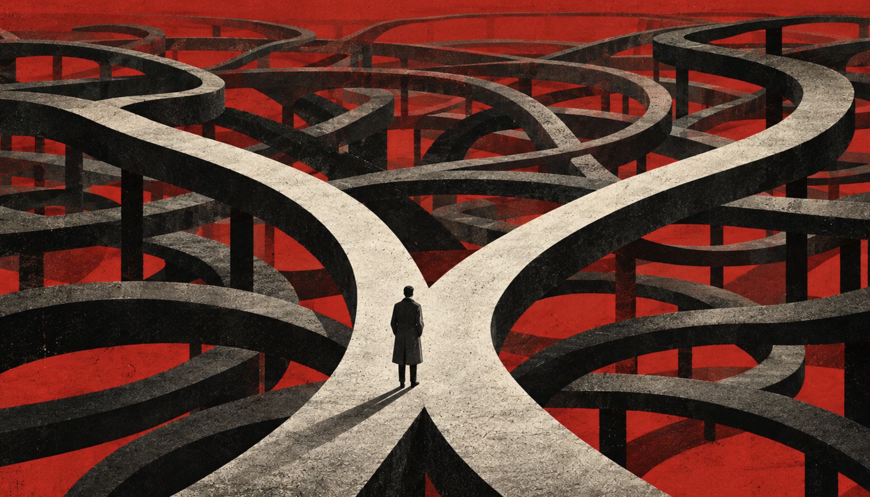 Illustration en rouge, noir et crème : une silhouette vue de dos se tient à la bifurcation de deux chemins clairs, au milieu d’un enchevêtrement de rampes sombres qui s’entrecroisent.